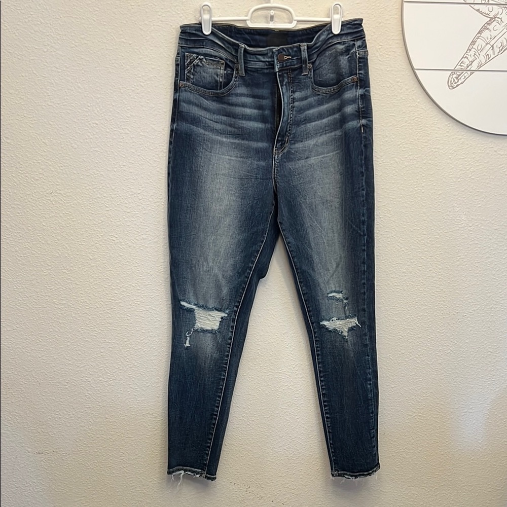 Buckle Blue Skinny Jeans with Distressed Details
